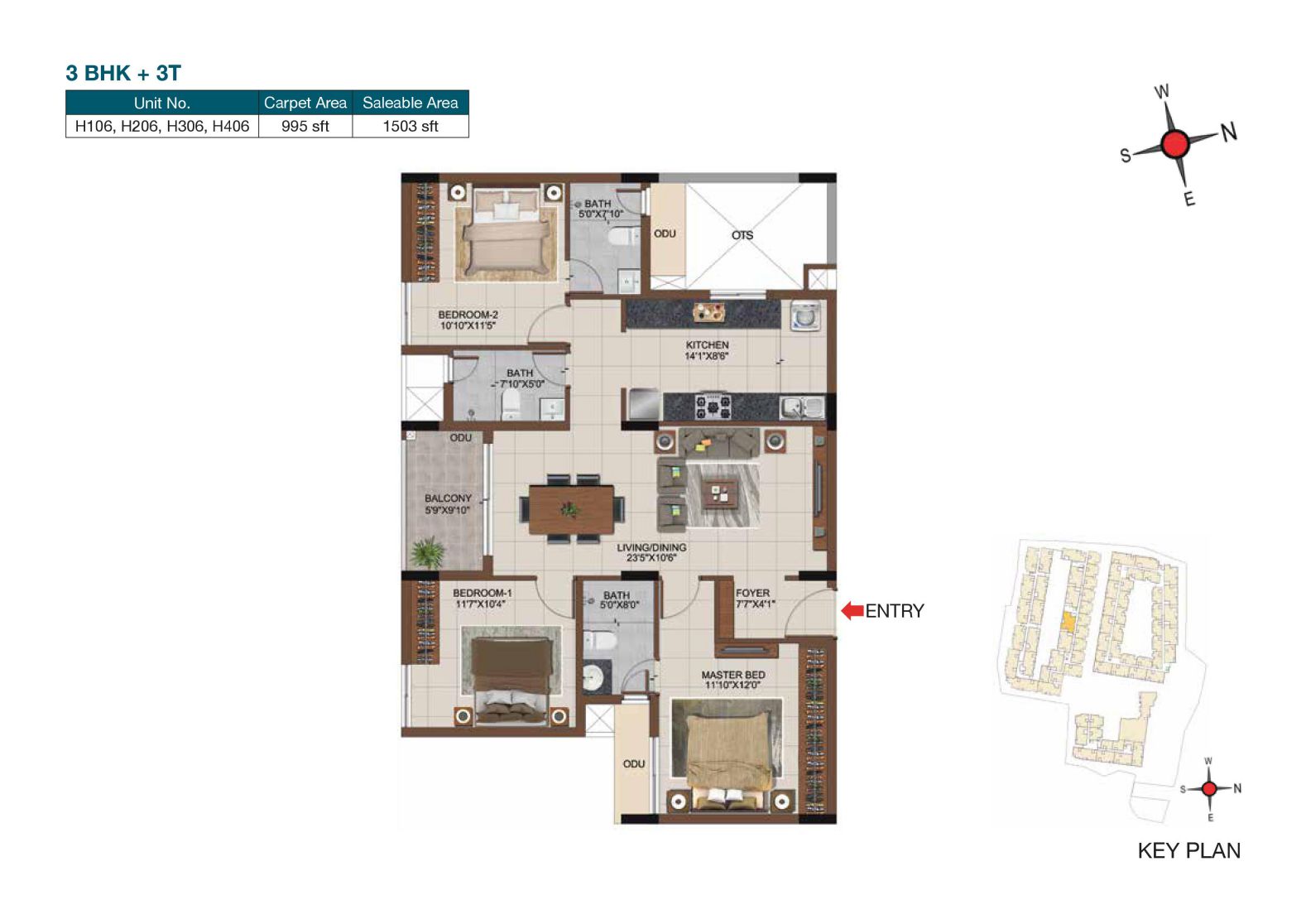 Floor plan of 3 BHK 1503 Sq. Ft. Apartment in Casagrand Castle, Chennai