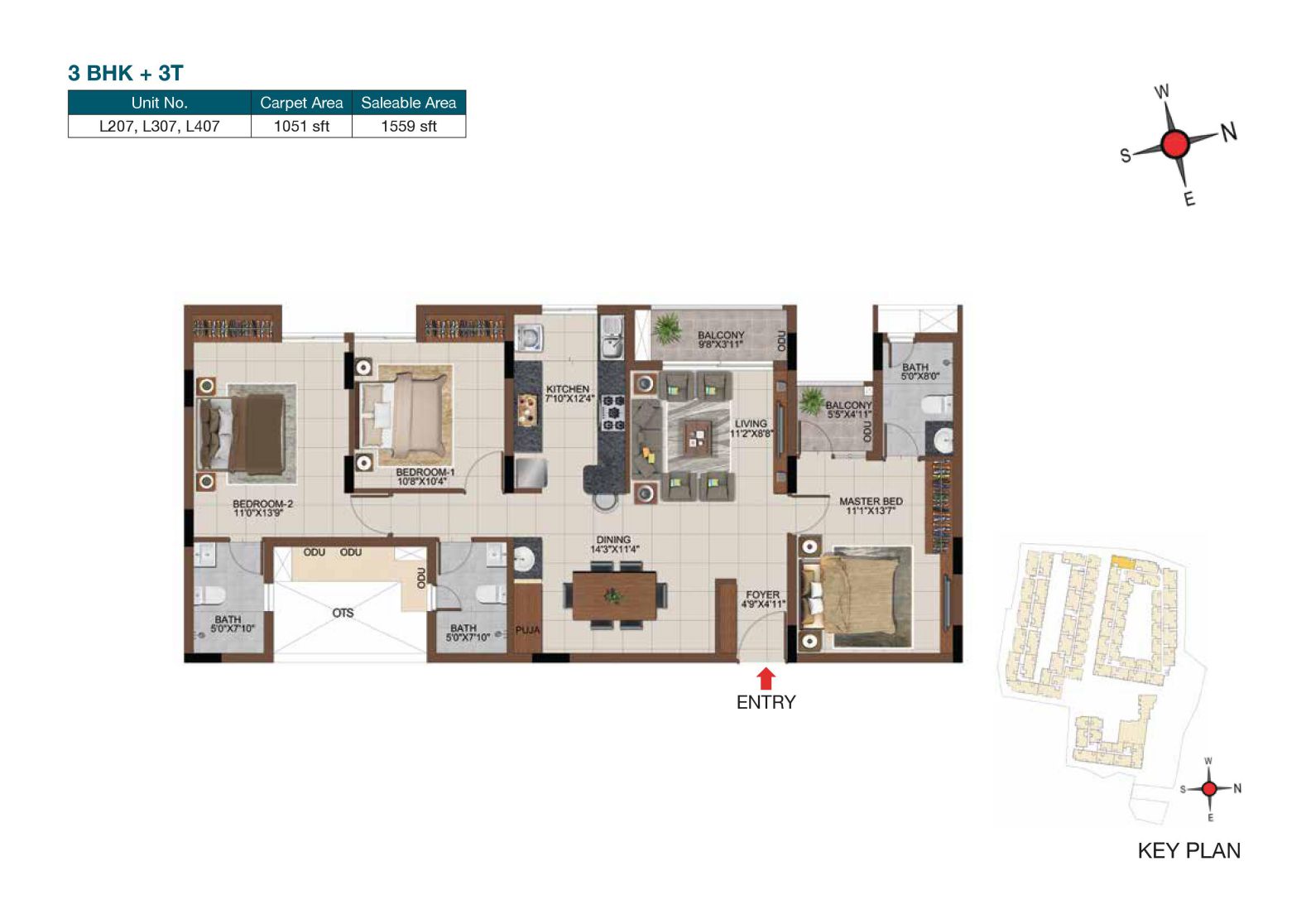 Floor plan of 3 BHK 1559 Sq. Ft. Apartment in Casagrand Castle, Chennai