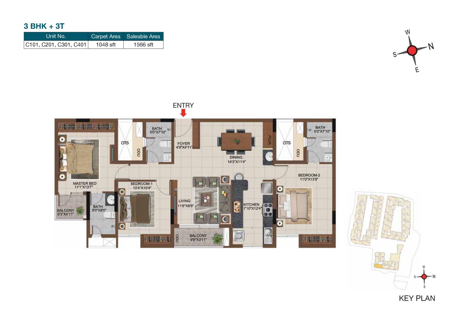 Floor plan of 3 BHK 1566 Sq. Ft. Apartment in Casagrand Castle, Chennai