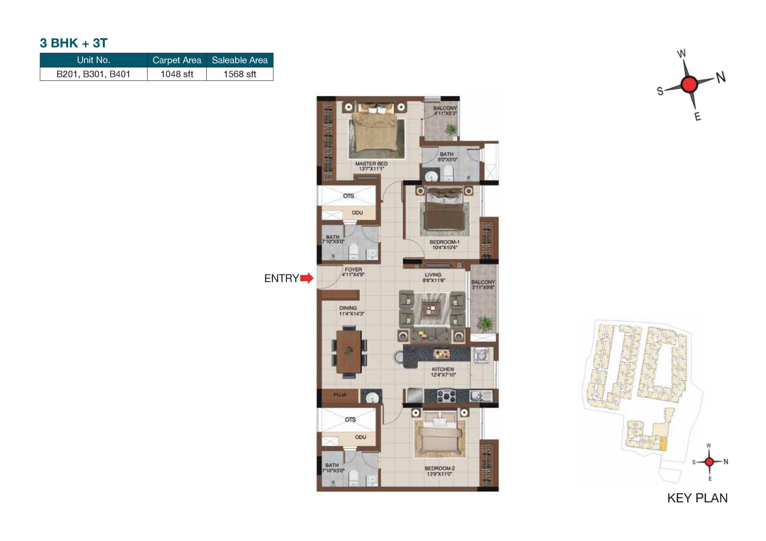 Floor plan of 3 BHK 1568 Sq. Ft. Apartment in Casagrand Castle, Chennai