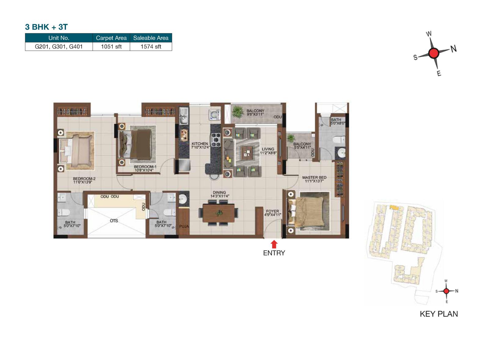 Floor plan of 3 BHK 1574 Sq. Ft. Apartment in Casagrand Castle, Chennai