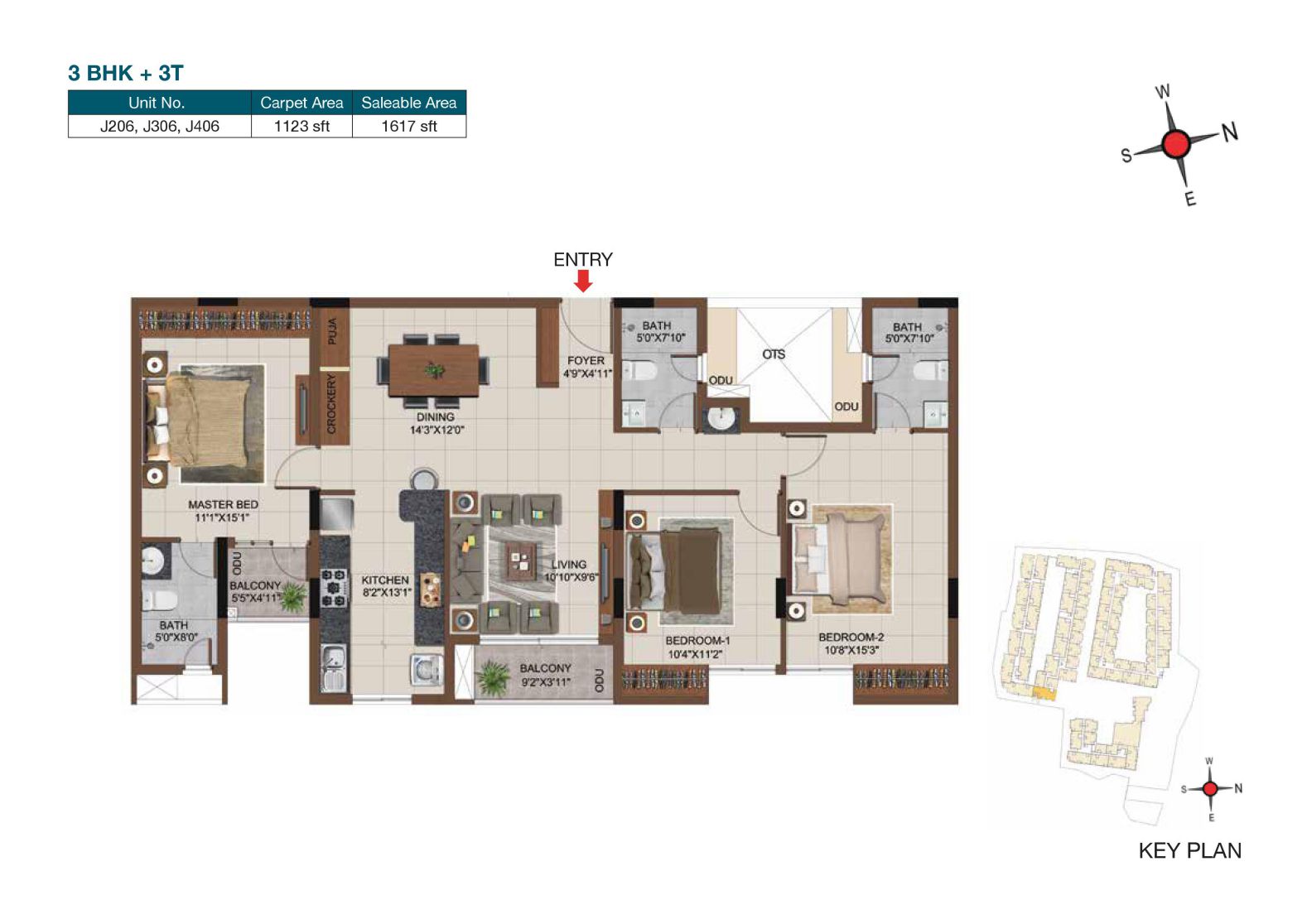 Floor plan of 3 BHK 1617 Sq. Ft. Apartment in Casagrand Castle, Chennai