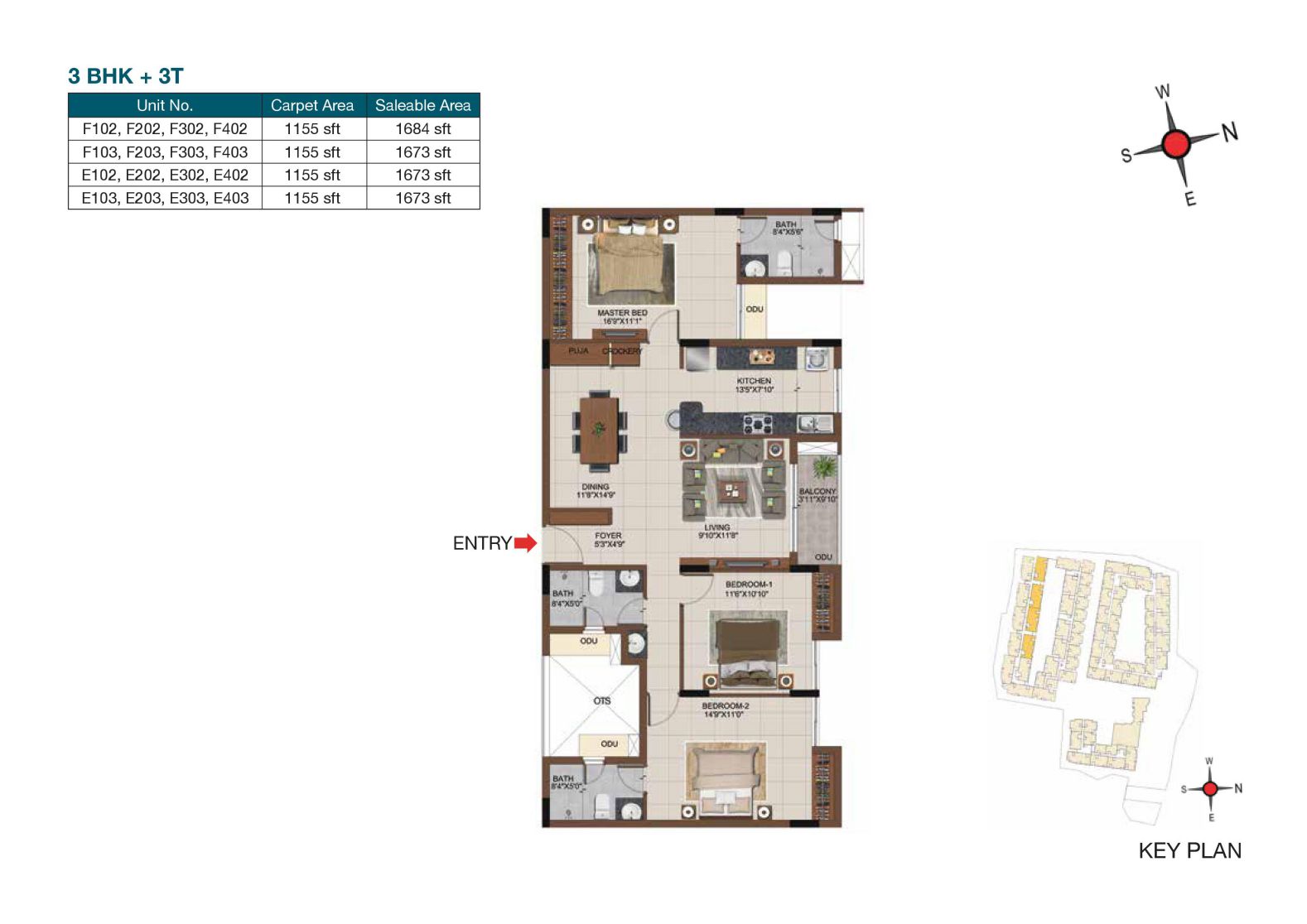 Floor plan of 3 BHK 1673 Sq. Ft. Apartment in Casagrand Castle, Chennai