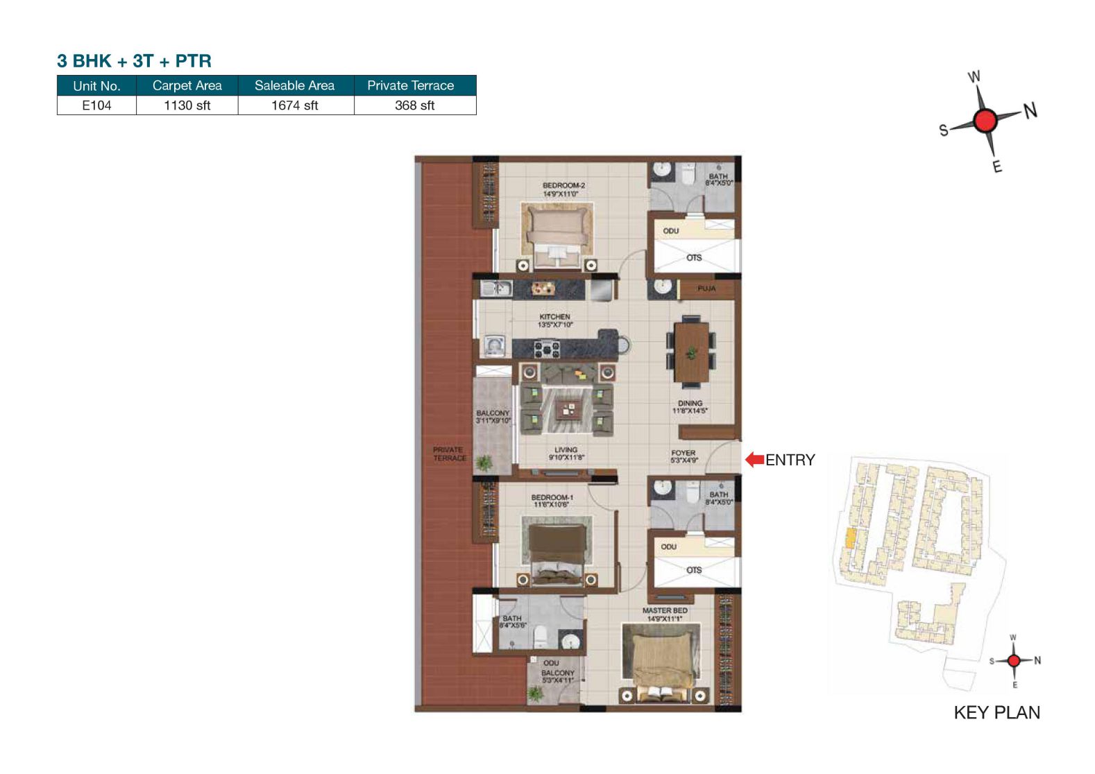 Floor plan of 3 BHK 1674 Sq. Ft. Apartment in Casagrand Castle, Chennai
