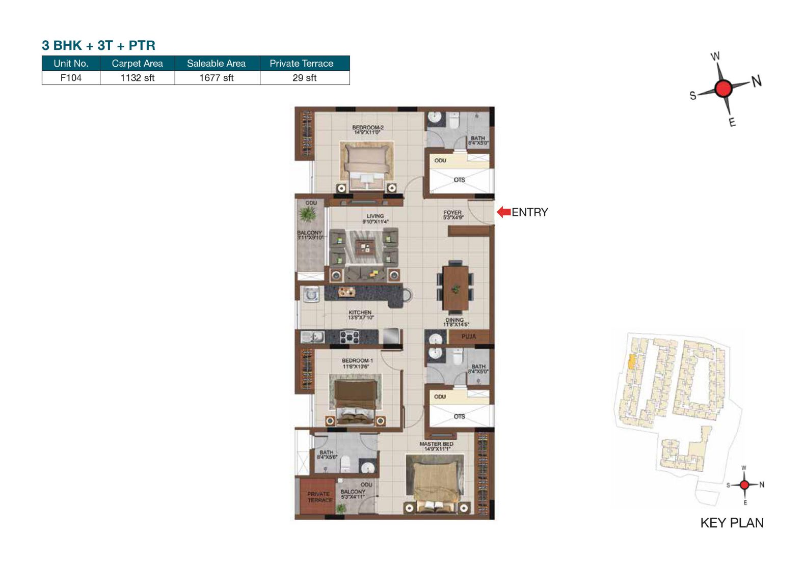 Floor plan of 3 BHK 1677 Sq. Ft. Apartment in Casagrand Castle, Chennai