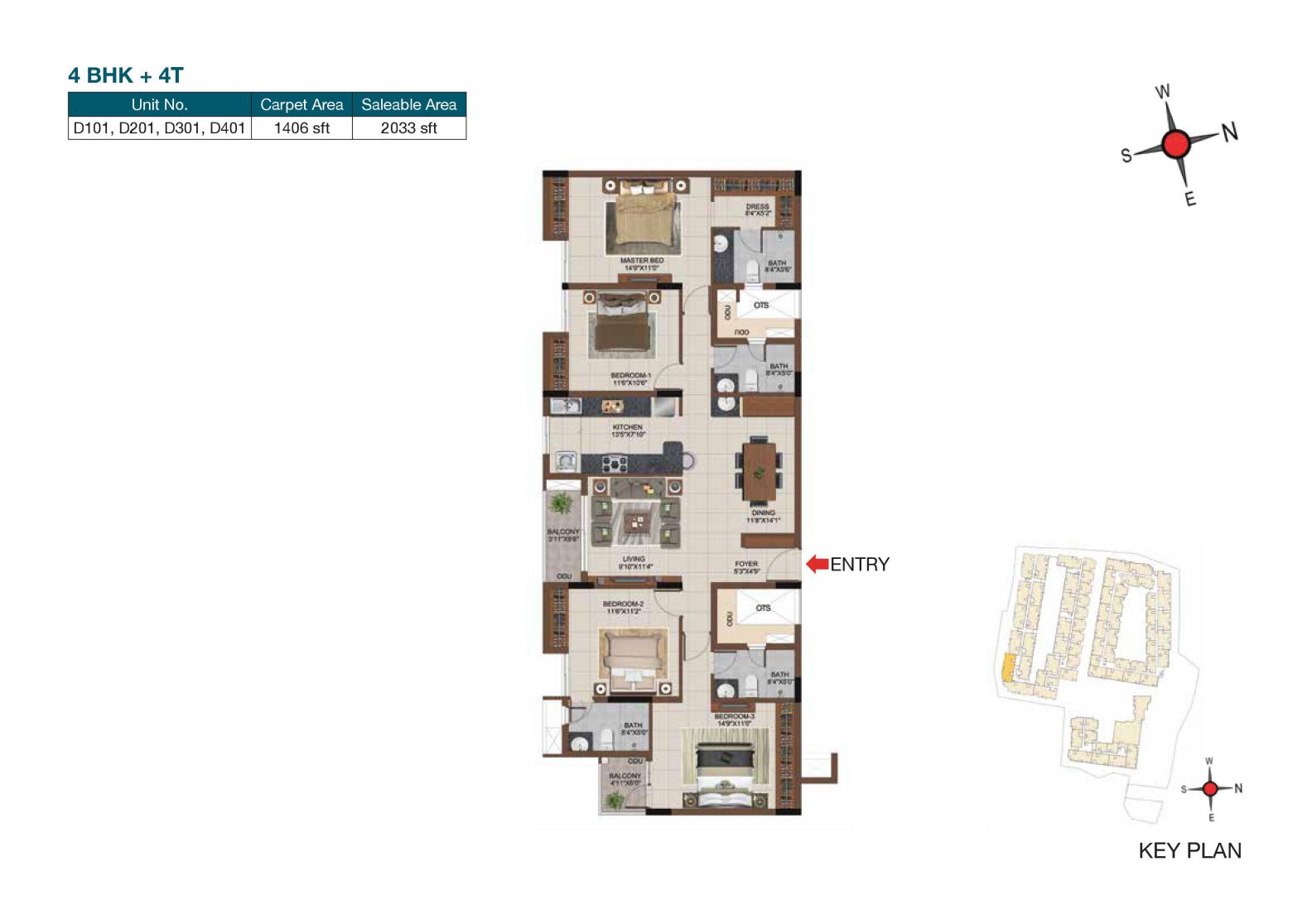 Floor plan of 4 BHK 2033 Sq. Ft. Apartment in Casagrand Castle, Chennai