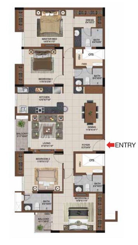 Floor plan of 4 BHK 2050 Sq. Ft. Apartment in Casagrand Castle, Chennai