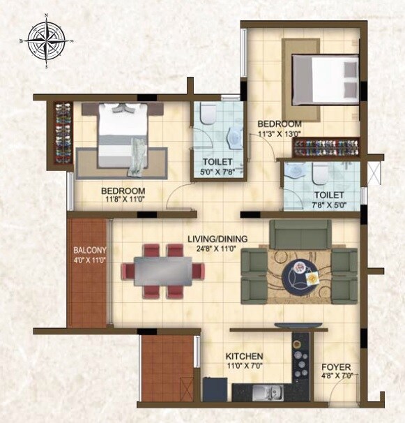 Floor plan of 2 BHK 1145 Sq. Ft. Apartment in Casagrand Cedars, Chennai