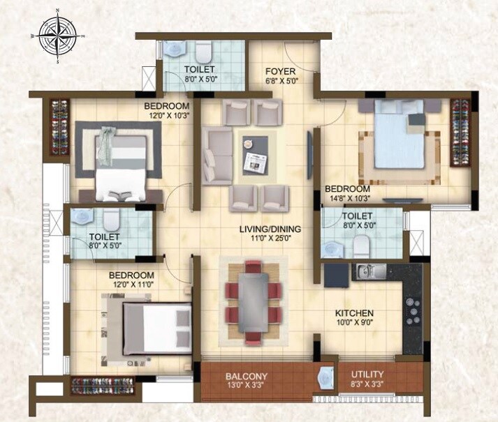 Floor plan of 3 BHK 1464 Sq. Ft. Apartment in Casagrand Cedars, Chennai