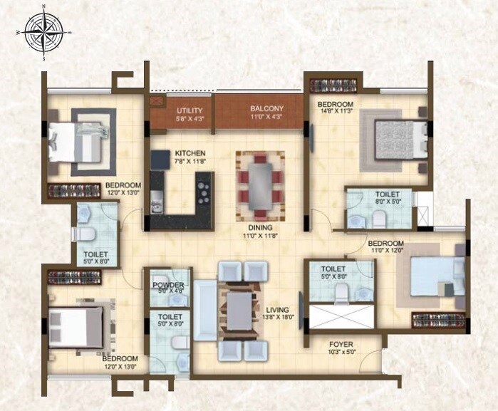 Floor plan of 4 BHK 2089 Sq. Ft. Apartment in Casagrand Cedars, Chennai