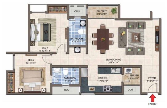 Floor plan of 2 BHK 1265 Sq. Ft. Apartment in Casagrand Crescendo, Chennai