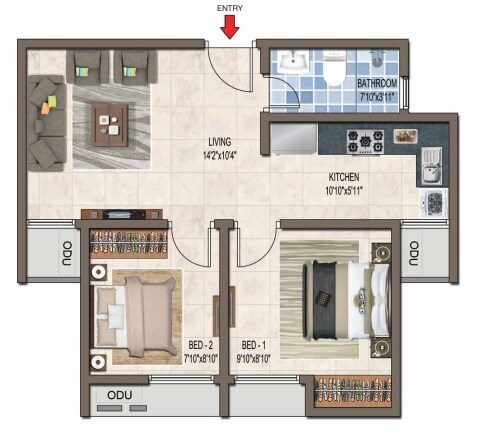 Floor plan of 2 BHK 618 Sq. Ft. Apartment in Casagrand Crescendo, Chennai