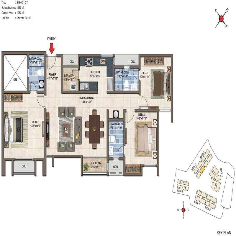 Floor plan of 3 BHK 1530 Sq. Ft. Apartment in Casagrand Crescendo, Chennai