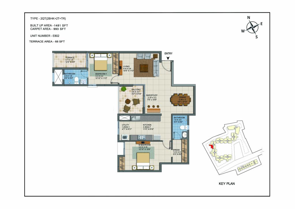 Floor plan of 2 BHK 1481 Sq. Ft. Apartment in Casagrand ECR14, Chennai