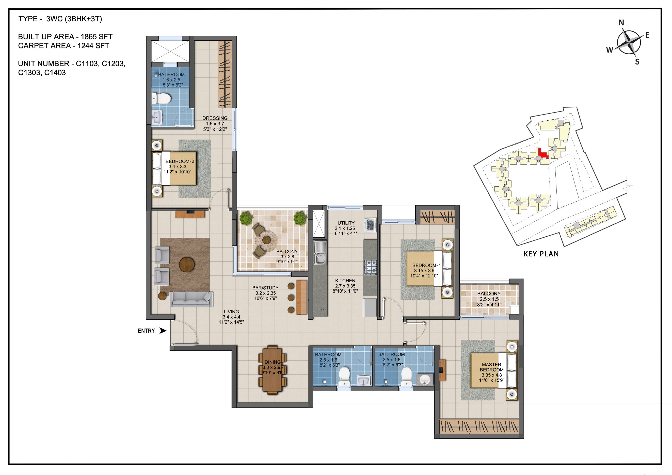 Floor plan of 3 BHK 1865 Sq. Ft. Apartment in Casagrand ECR14, Chennai