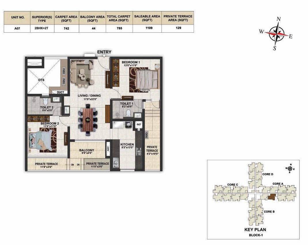 Floor plan of 2 BHK 1109 Sq. Ft. Apartment in Casagrand Elinor, Chennai