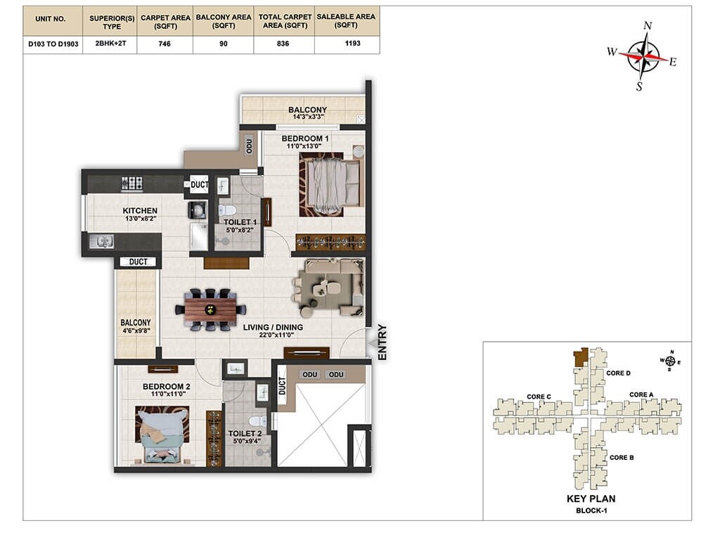 Floor plan of 2 BHK 1193 Sq. Ft. Apartment in Casagrand Elinor, Chennai