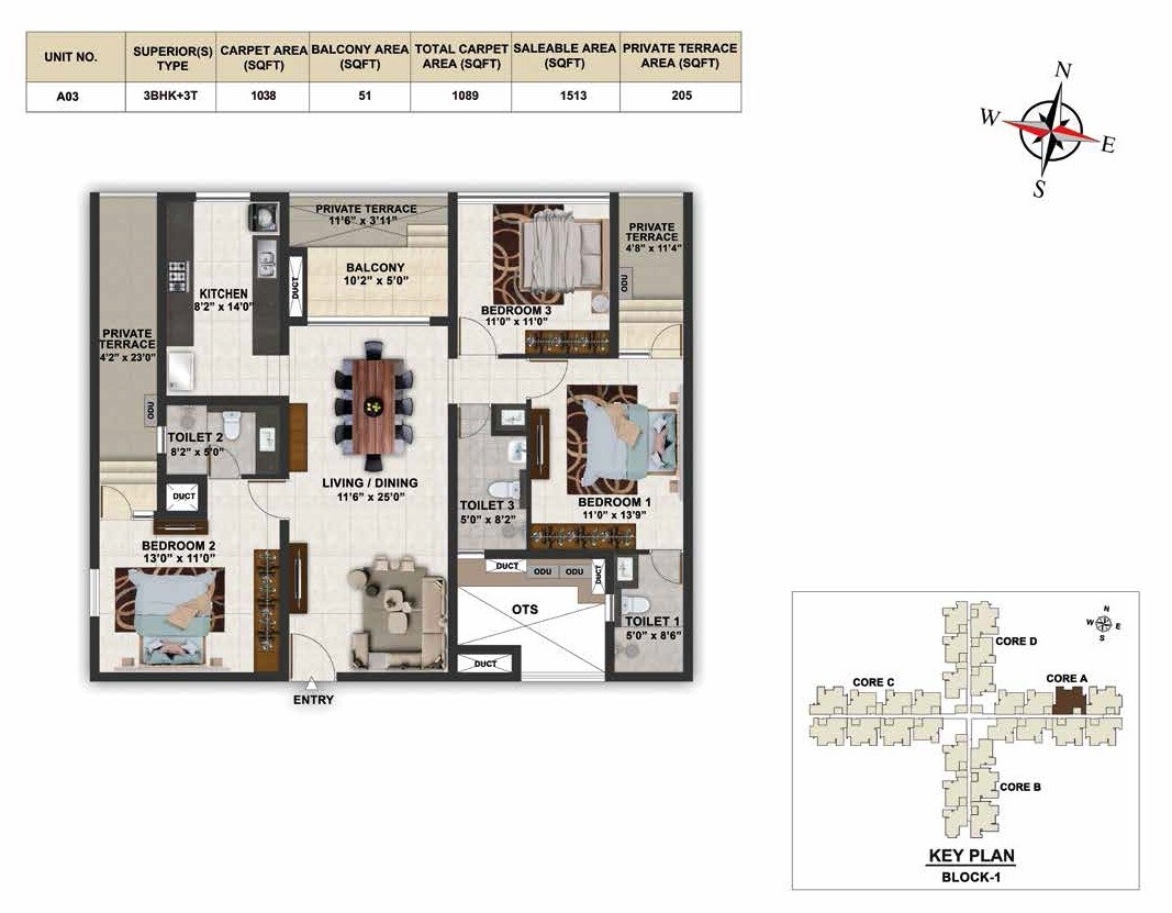 Floor plan of 3 BHK 1513 Sq. Ft. Apartment in Casagrand Elinor, Chennai