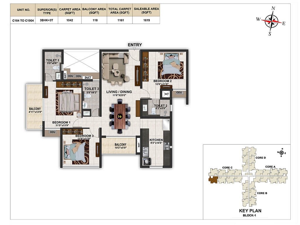Floor plan of 3 BHK 1619 Sq. Ft. Apartment in Casagrand Elinor, Chennai