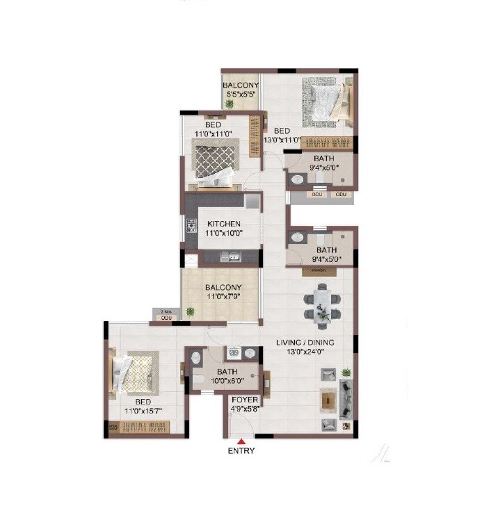 Floor plan of 3 BHK 1544 Sq. Ft. Apartment in Casagrand Elysium, Chennai