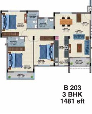 Floor plan of 3 BHK 1481 Sq. Ft. Apartment in Casagrand Esquire, Chennai