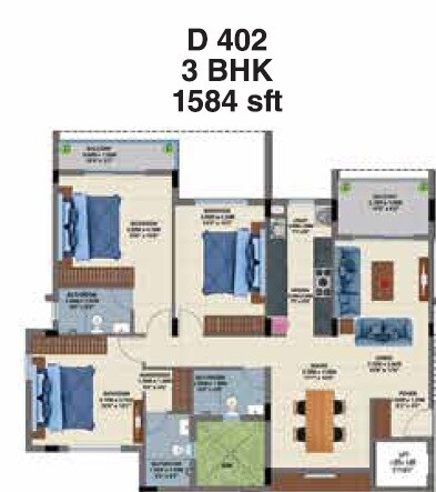 Floor plan of 3 BHK 1584 Sq. Ft. Apartment in Casagrand Esquire, Chennai