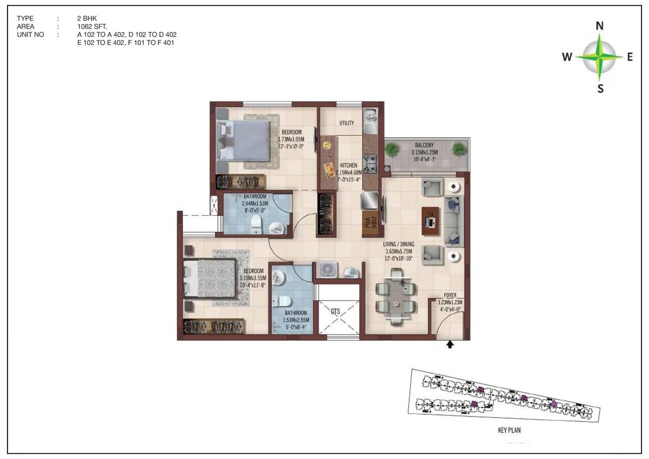 Floor plan of 2 BHK 1062 Sq. Ft. Apartment in Casagrand Ferns, Chennai