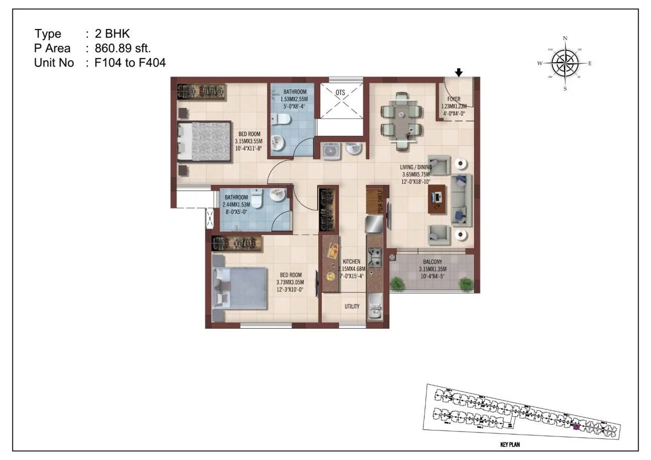 Floor plan of 2 BHK 860 Sq. Ft. Apartment in Casagrand Ferns, Chennai