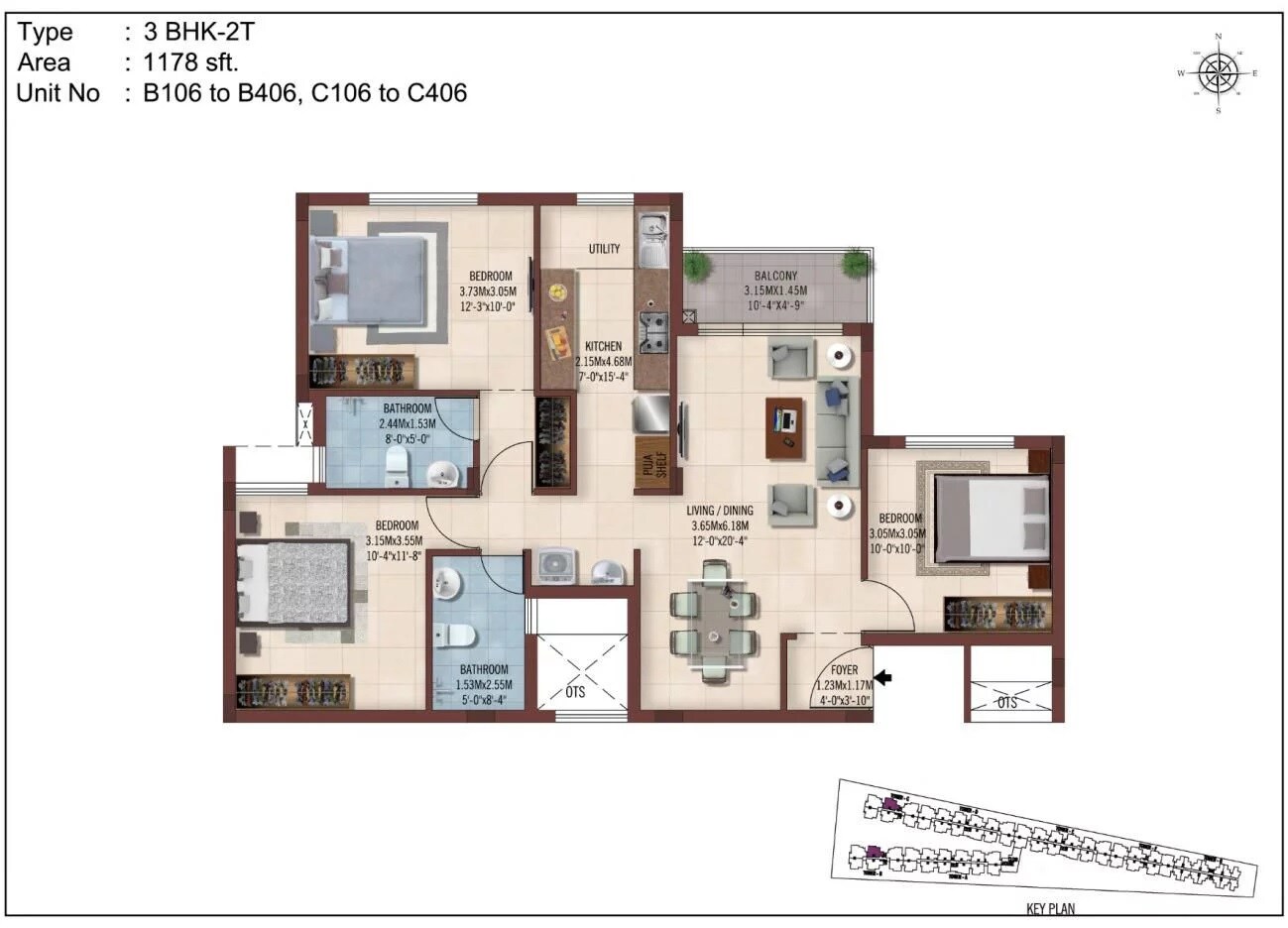 Floor plan of 3 BHK 1178 Sq. Ft. Apartment in Casagrand Ferns, Chennai