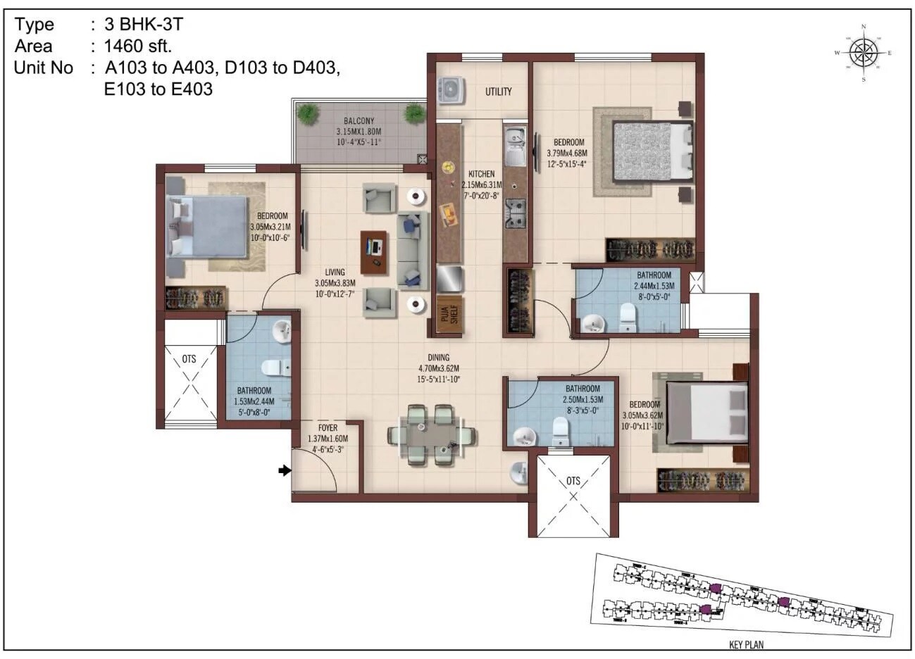 Floor plan of 3 BHK 1460 Sq. Ft. Apartment in Casagrand Ferns, Chennai