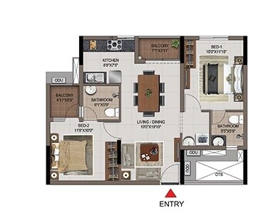 Floor plan of 2 BHK 1240 Sq. Ft. Apartment in Casagrand First City, Chennai