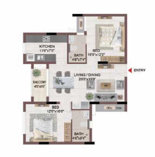 Floor plan of 2 BHK 1379 Sq. Ft. Apartment in Casagrand Flagship, Chennai