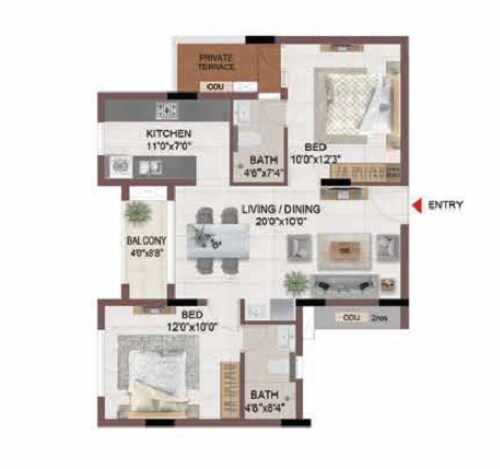 Floor plan of 2 BHK 969 Sq. Ft. Apartment in Casagrand Flagship, Chennai