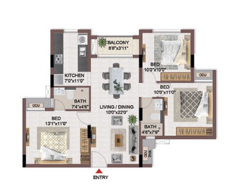Floor plan of 3 BHK 1585 Sq. Ft. Apartment in Casagrand Flagship, Chennai