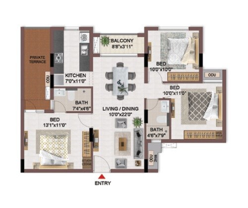 Floor plan of 3 BHK 1914 Sq. Ft. Apartment in Casagrand Flagship, Chennai