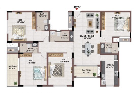 Floor plan of 4 BHK 2344 Sq. Ft. Apartment in Casagrand Flagship, Chennai