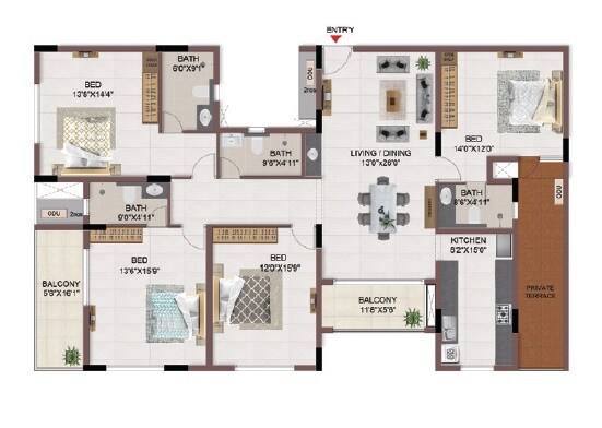 Floor plan of 4 BHK 2436 Sq. Ft. Apartment in Casagrand Flagship, Chennai