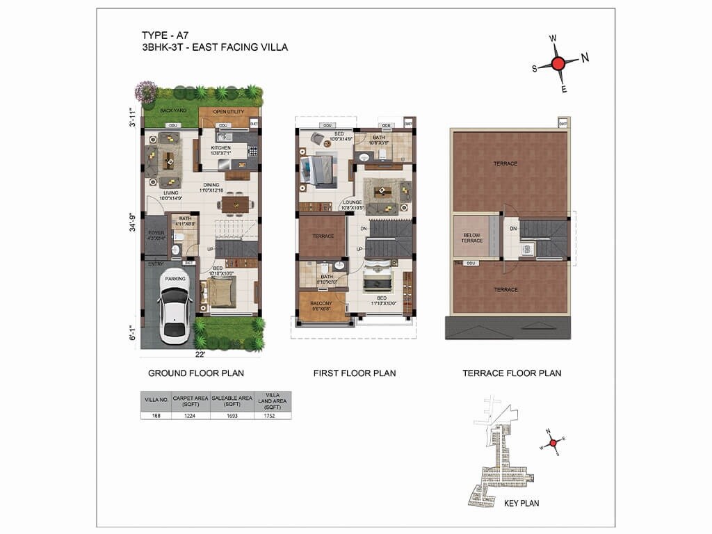 Floor plan of 3 BHK 1693 Sq. Ft. Villa in Casagrand Mabelle, Chennai