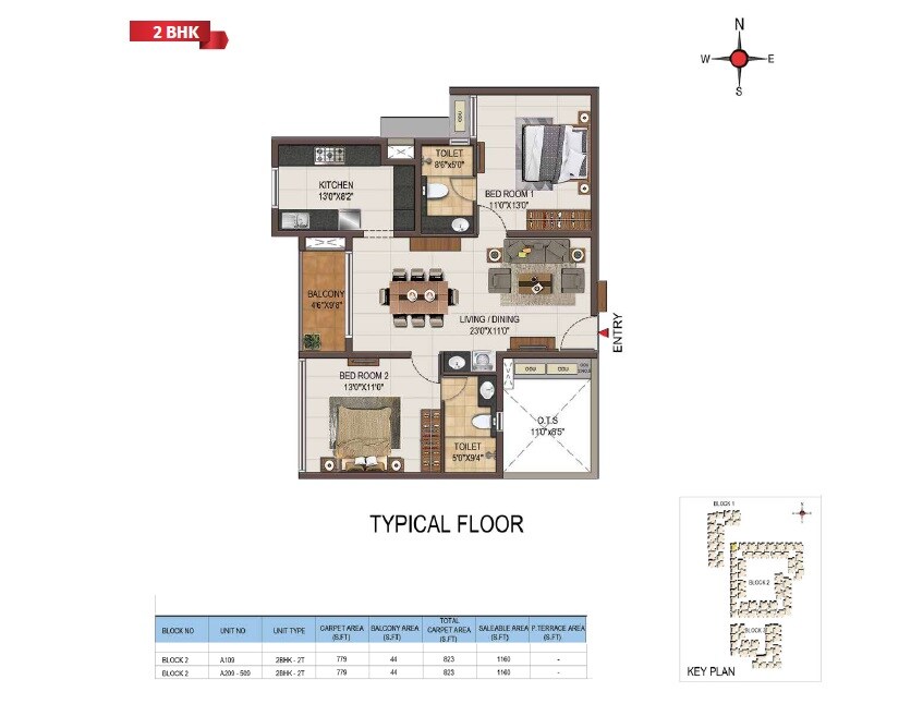 Floor plan of 2 BHK 1160 Sq. Ft. Apartment in Casagrand Majestica, Chennai