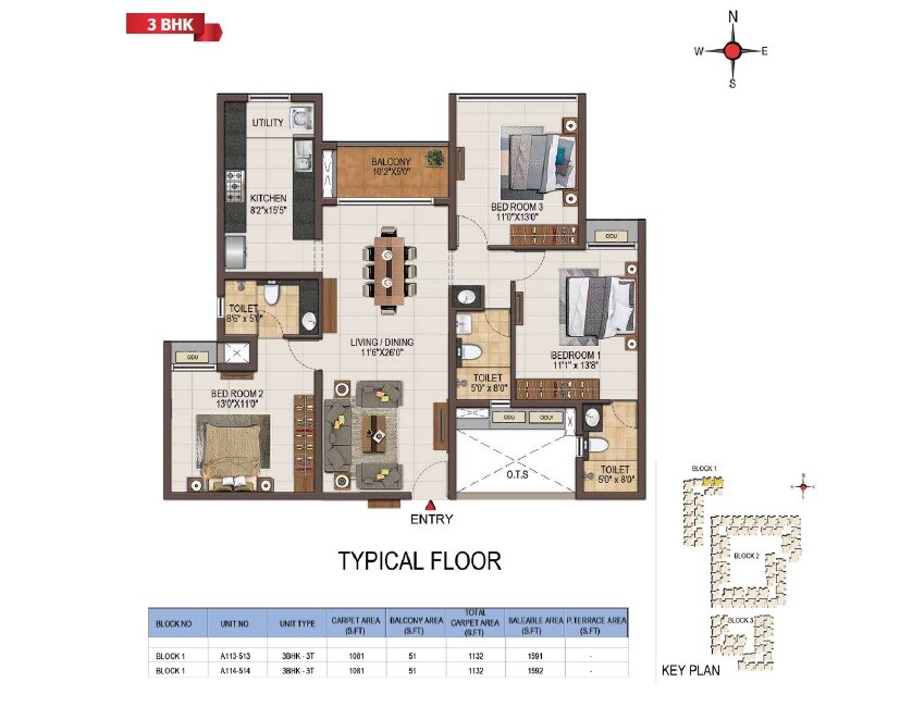 Floor plan of 3 BHK 1592 Sq. Ft. Apartment in Casagrand Majestica, Chennai
