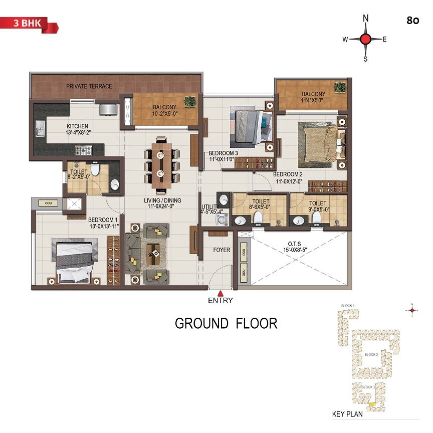 Floor plan of 3 BHK 2100 Sq. Ft. Apartment in Casagrand Majestica, Chennai