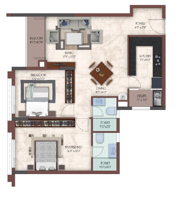 Floor plan of 2 BHK 1165 Sq. Ft. Apartment in Casagrand Masseys, Chennai