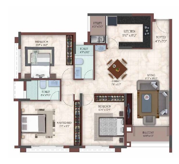 Floor plan of 3 BHK 1436 Sq. Ft. Apartment in Casagrand Masseys, Chennai
