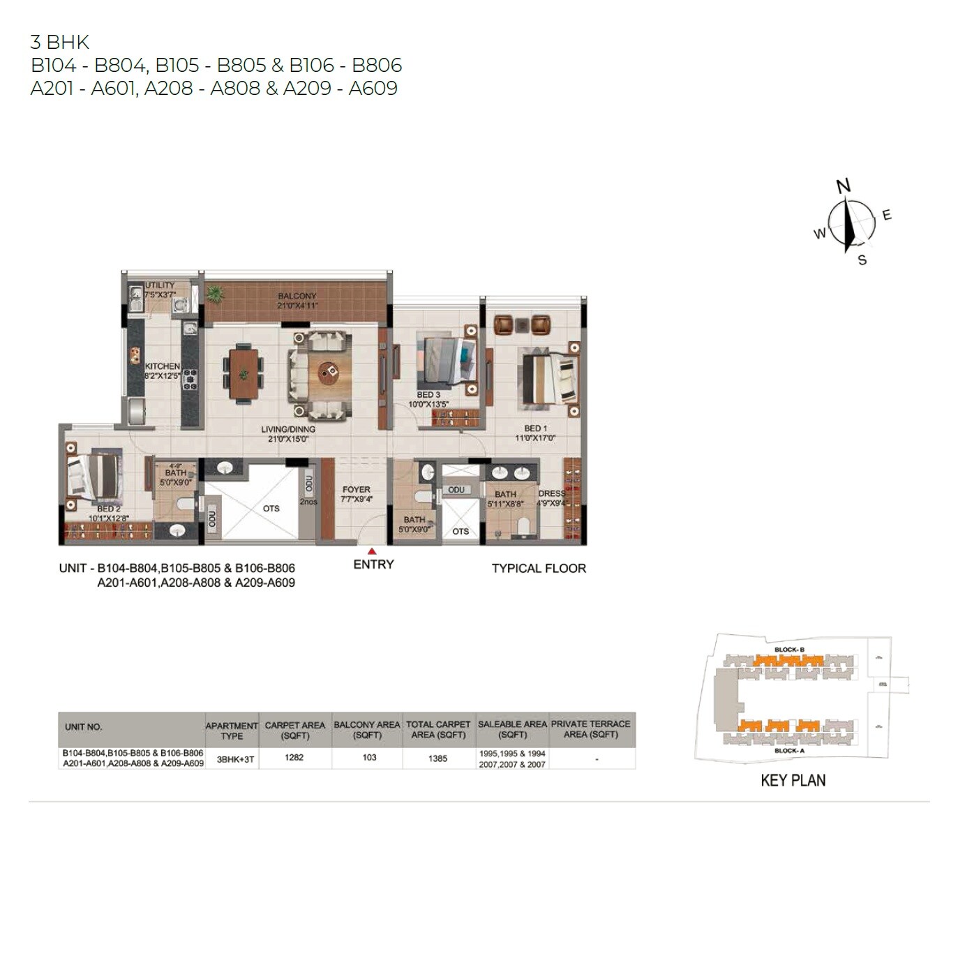 Floor plan of 3 BHK 1995 Sq. Ft. Apartment in Casagrand Millenia, Chennai