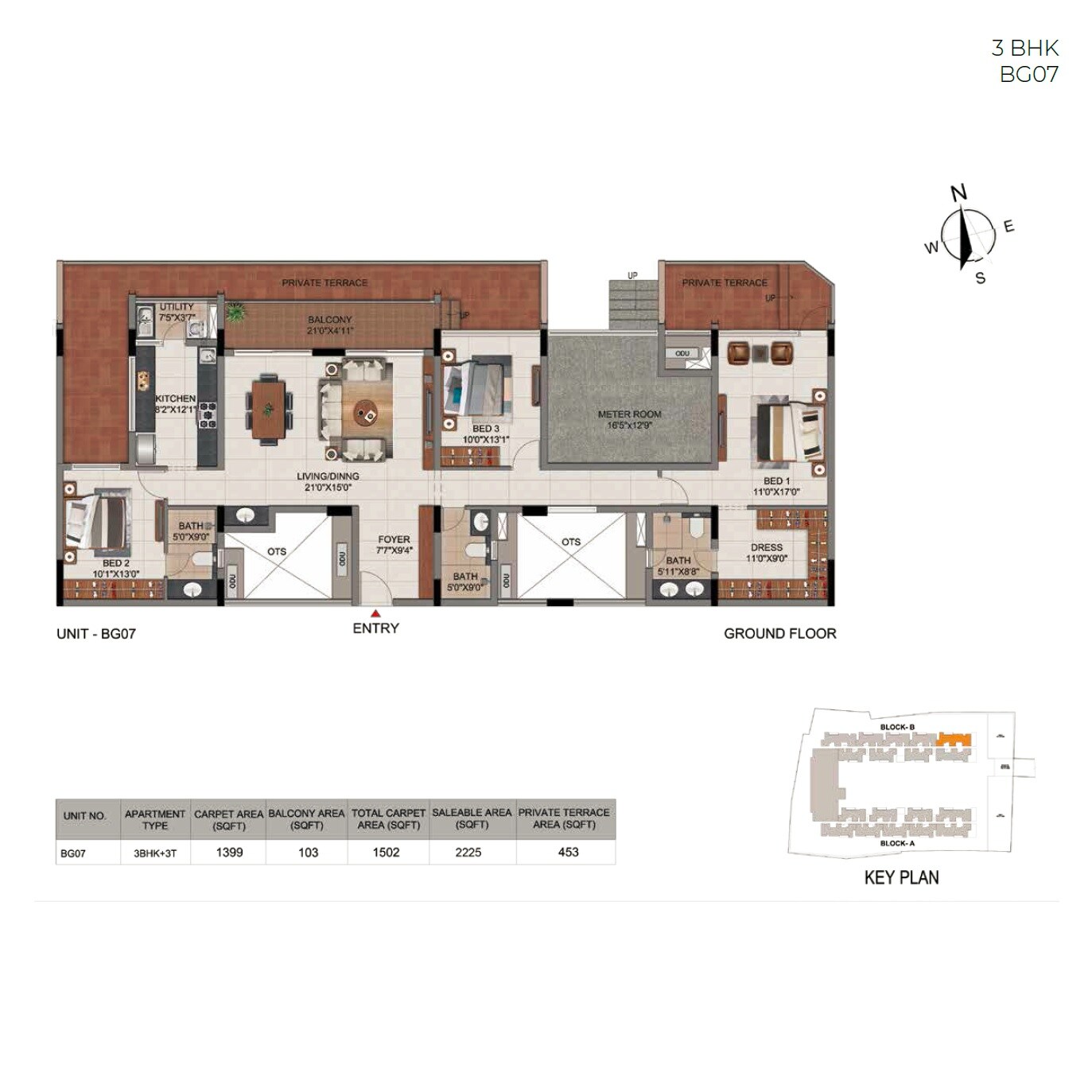 Floor plan of 3 BHK 2225 Sq. Ft. Apartment in Casagrand Millenia, Chennai