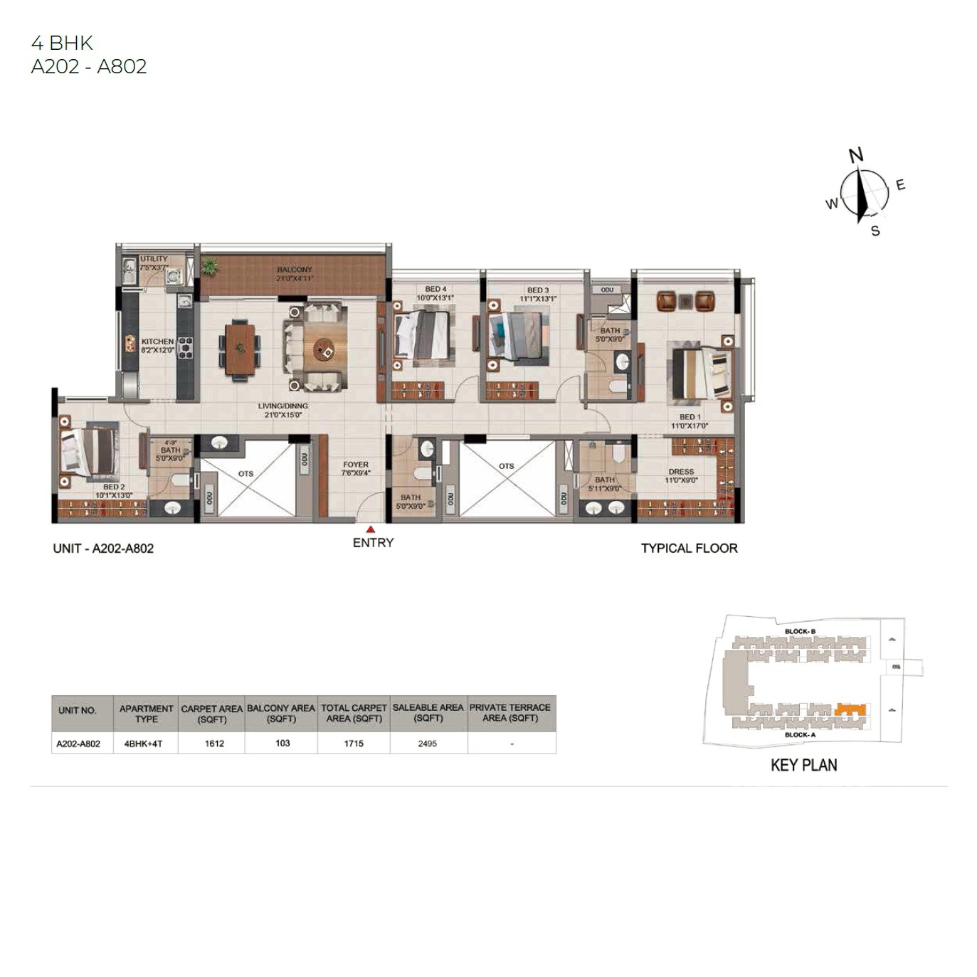 Floor plan of 4 BHK 2495 Sq. Ft. Apartment in Casagrand Millenia, Chennai