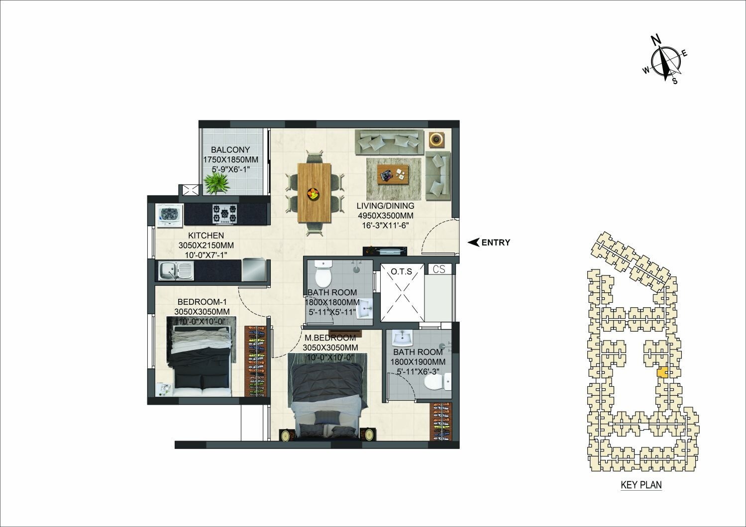 Floor plan of 2 BHK 1151 Sq. Ft. Apartment in Casagrand Miro, Chennai