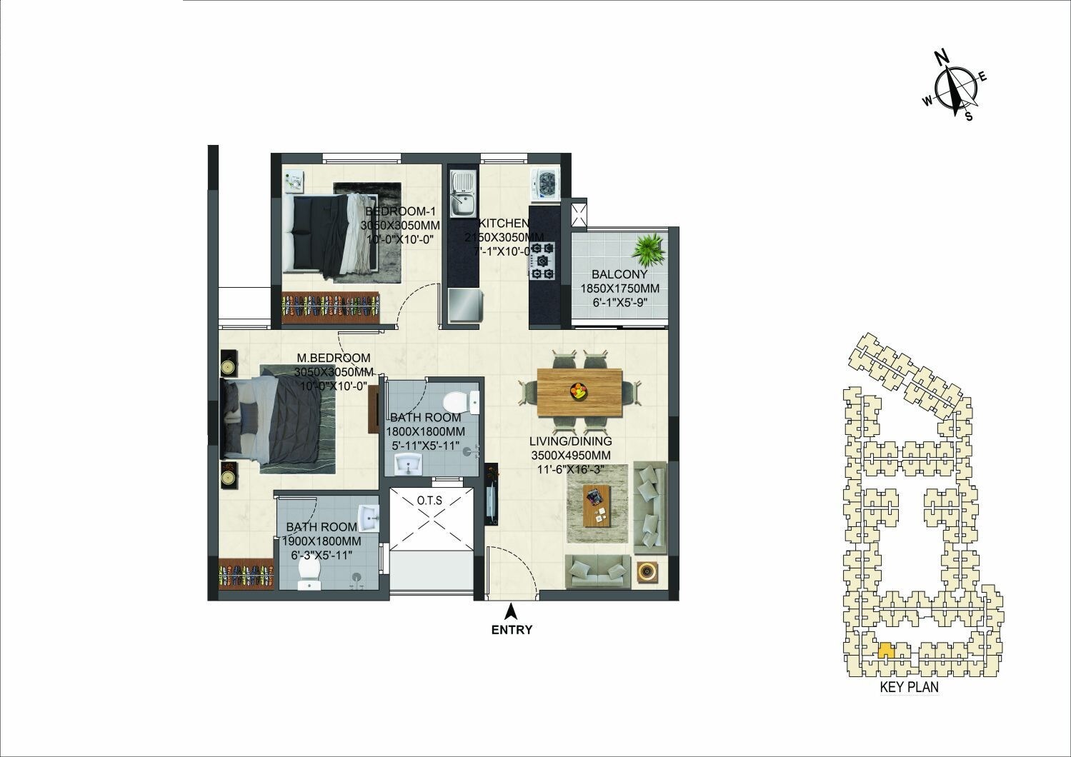 Floor plan of 2 BHK 618 Sq. Ft. Apartment in Casagrand Miro, Chennai