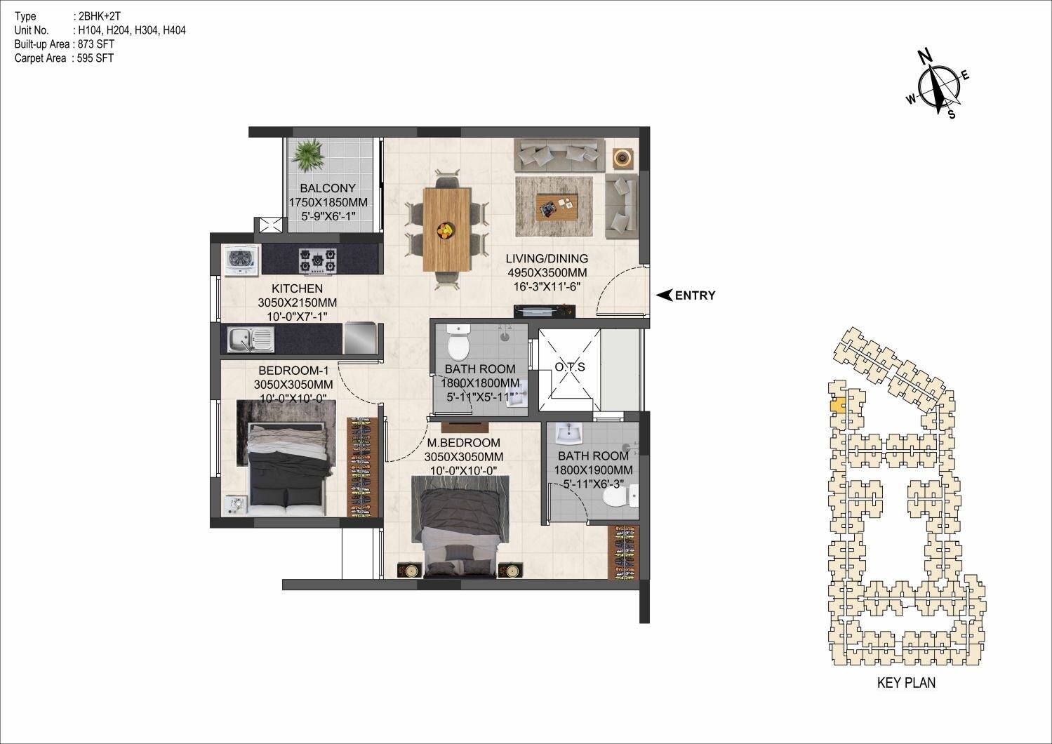 Floor plan of 2 BHK 873 Sq. Ft. Apartment in Casagrand Miro, Chennai
