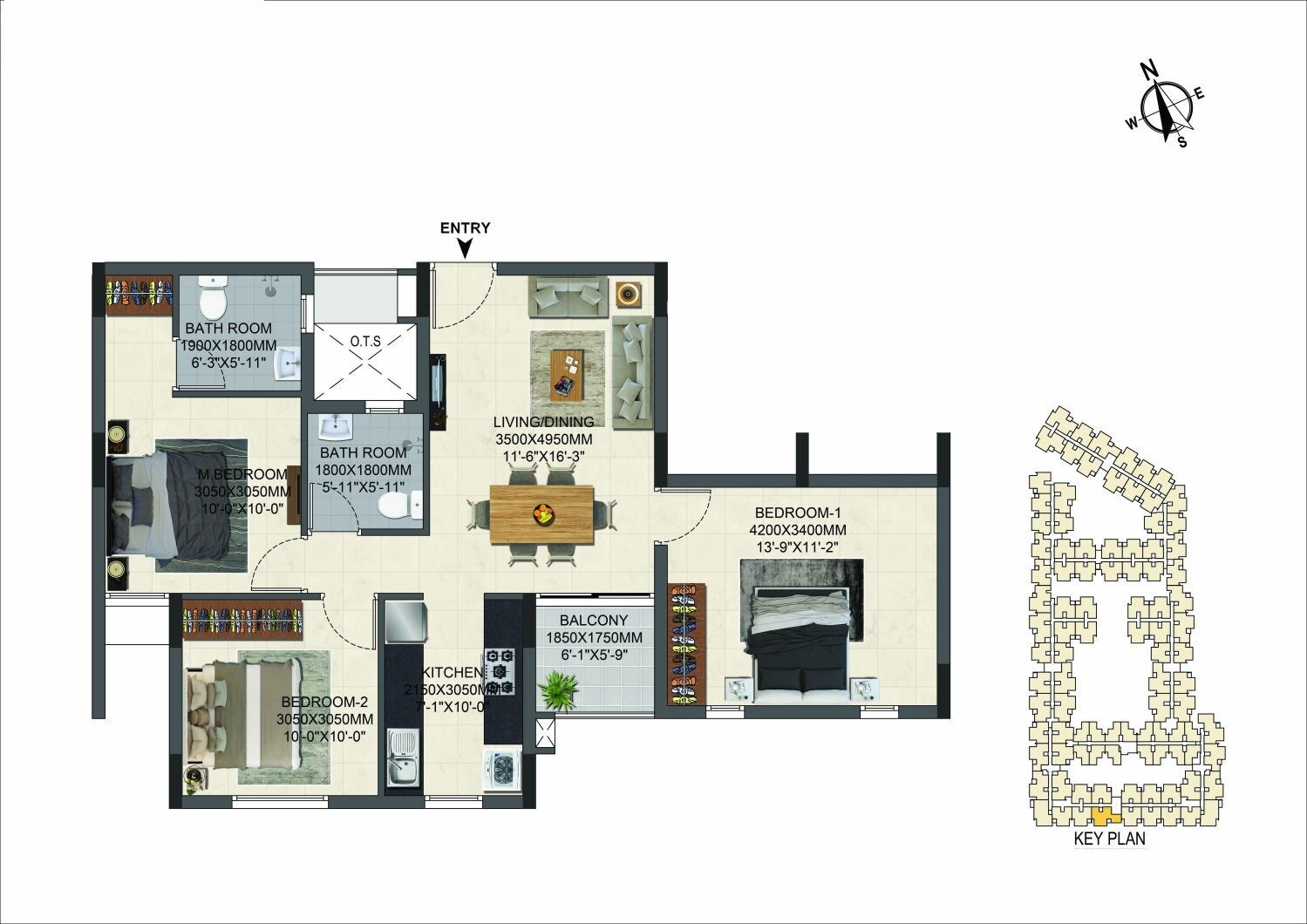 Floor plan of 3 BHK 1252 Sq. Ft. Apartment in Casagrand Miro, Chennai